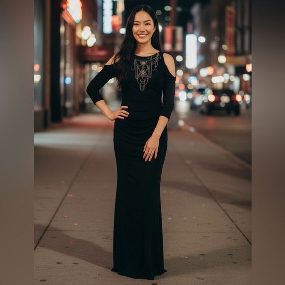 Badgley Mischka Dresses & Skirts - BADGLEY MISCHKA BLACK COLD SHOULDER FORMAL RETRO HOLIDAY MAXI DRESS GOWN SZ 4